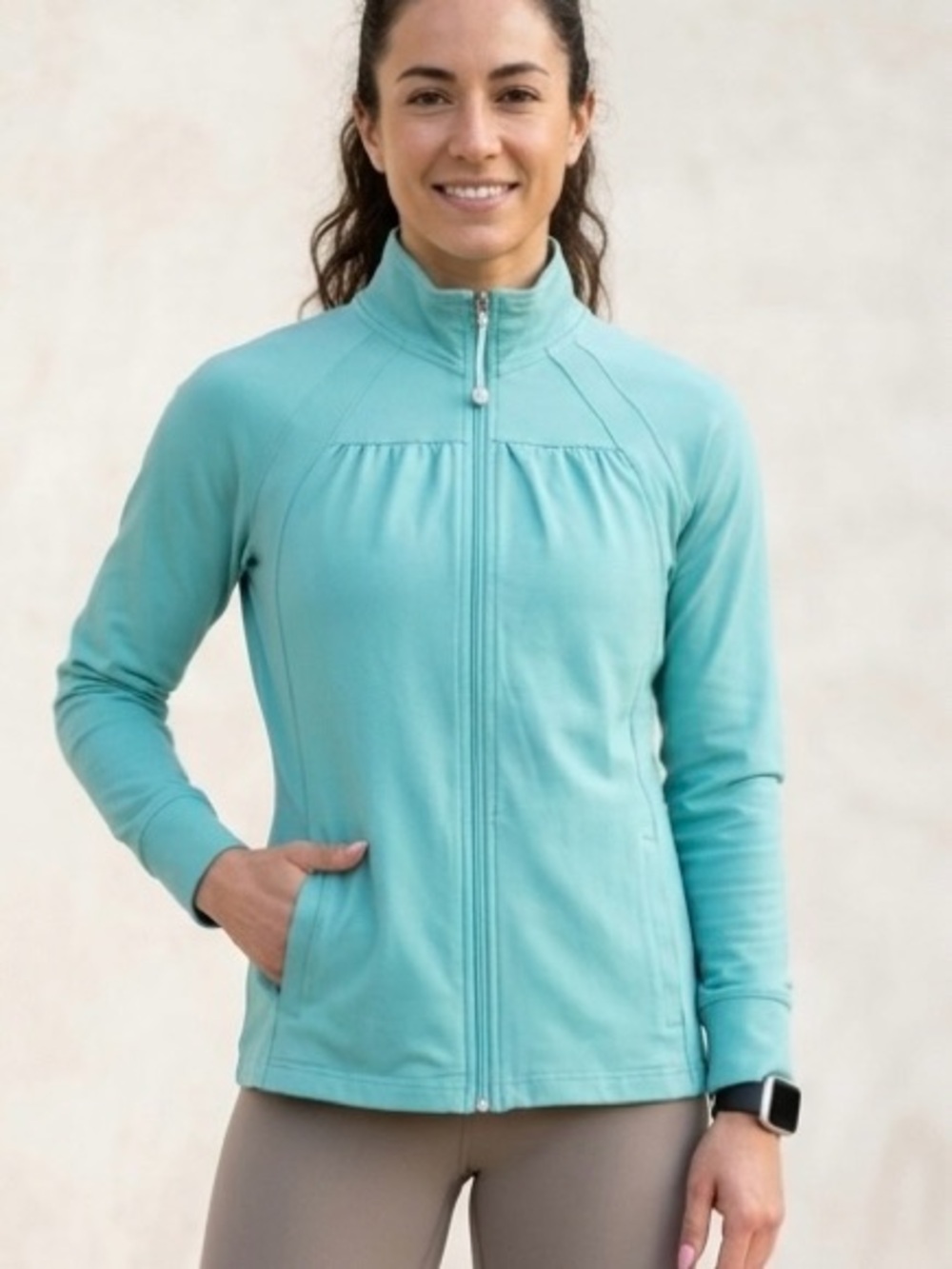 Denver Hayes Teal Mock Neck Ruched Zip Up Athletic Performance Jacket Size M